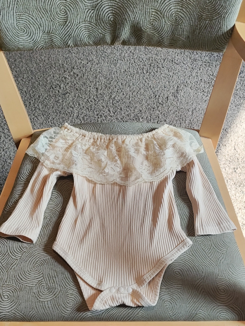 Tan Lace Off-Shoulder Ribbed One-Piece for Kids 9-12 Months